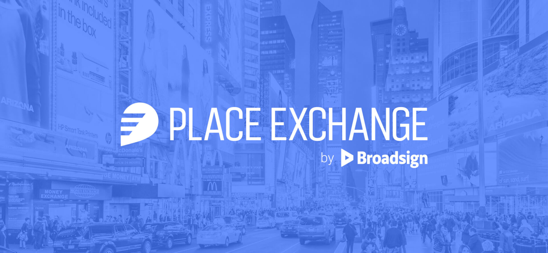 Place Exchange by Broadsign logo over a cityscape featuring digital out-of-home advertising billboards.