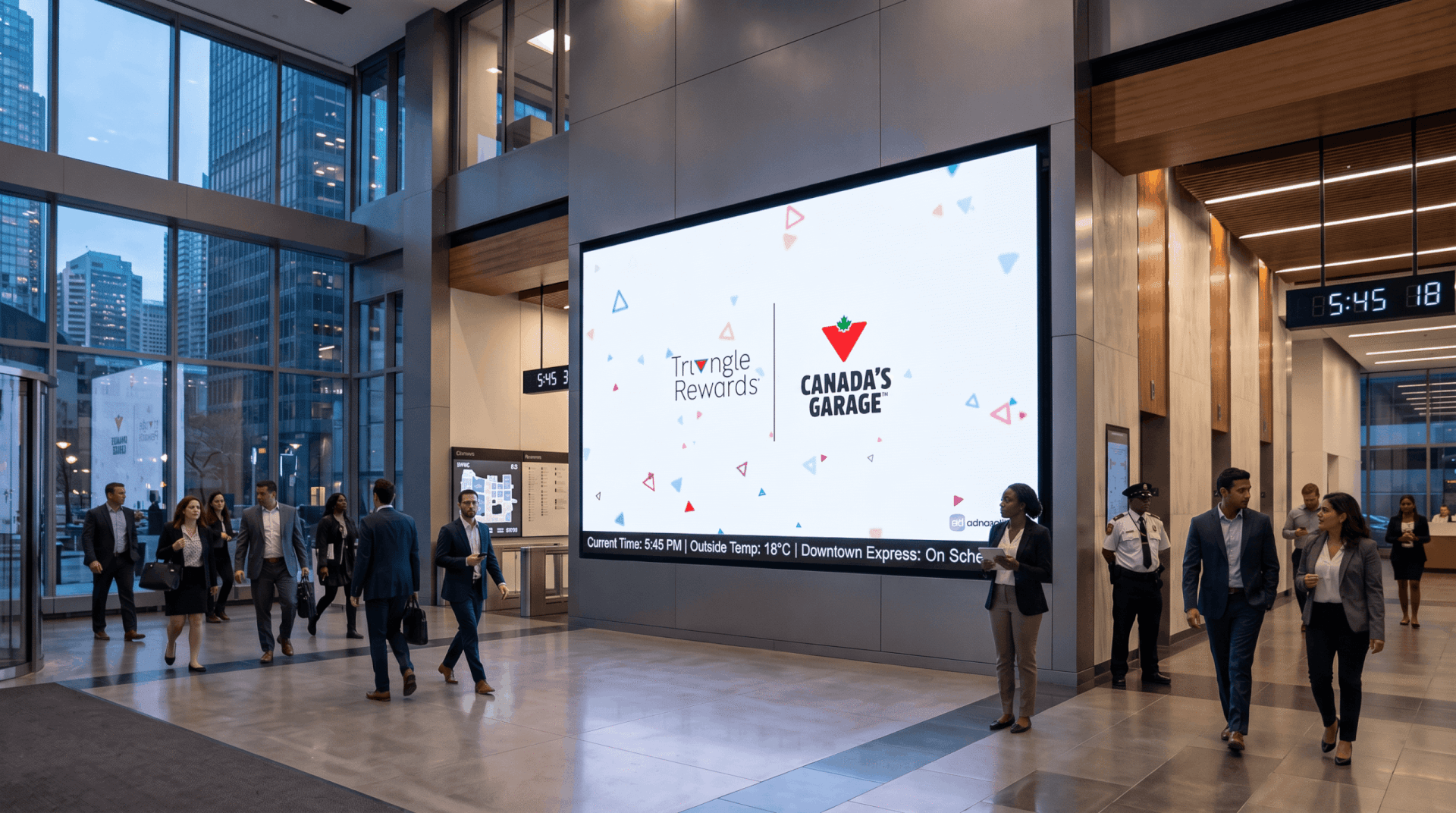 Canadian Tire Canada’s Garage and Triangle Rewards digital billboard displayed in a busy downtown office building.